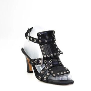 BRIAN ATWOOD black leather grommet mule sandals sz 38 7.5 heels silver metal